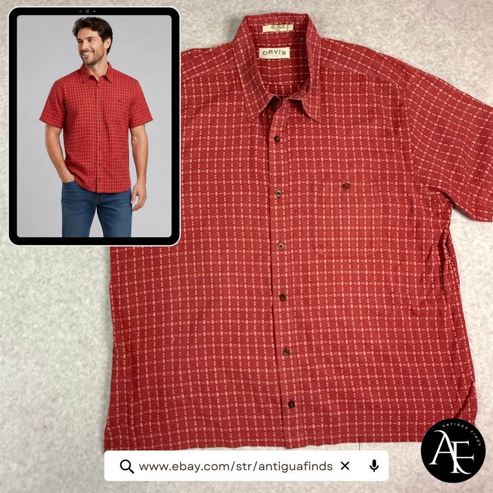 Orvis Mens XXL Red Geometric Print Short Sleeve Cotton Button Down Shirt